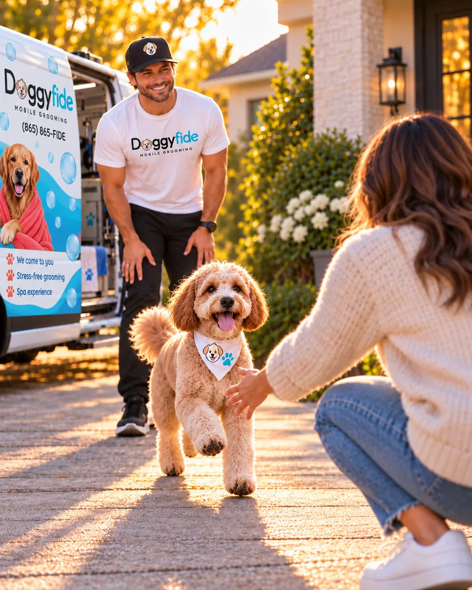 A freshly groomed dog returning to its owner at home, with a Doggyfide groomer and mobile grooming van in the driveway.