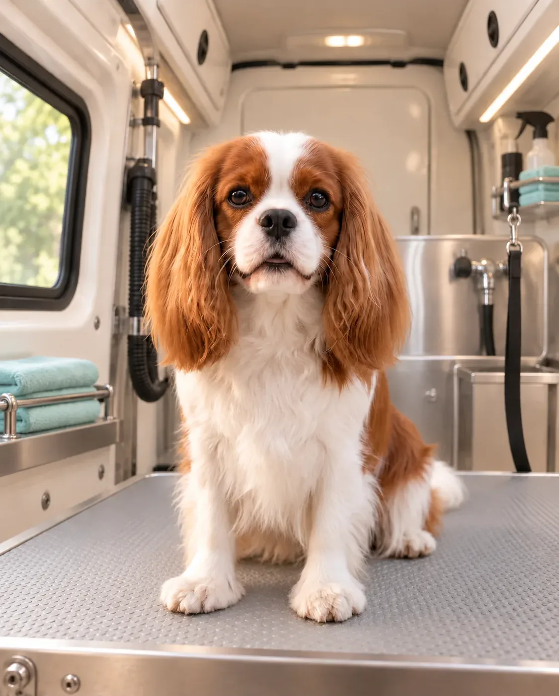 Illustrative Cavalier Spaniel after grooming inside a mobile grooming van