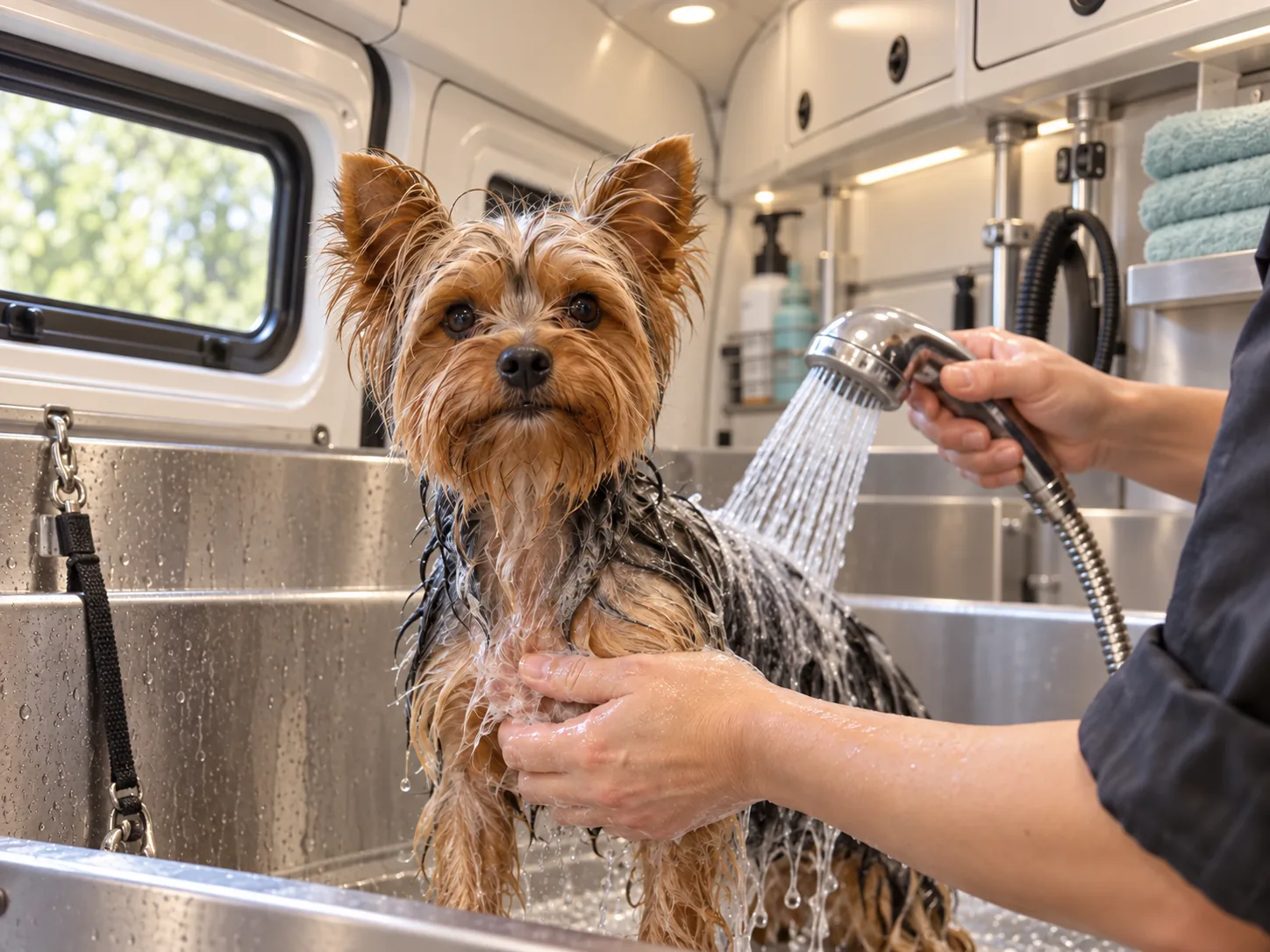 Illustrative Yorkshire terrier receiving a gentle bath inside a mobile grooming van
