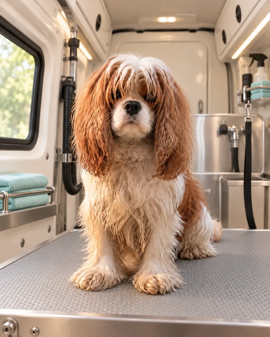Illustrative Cavalier Spaniel before grooming inside a mobile grooming van