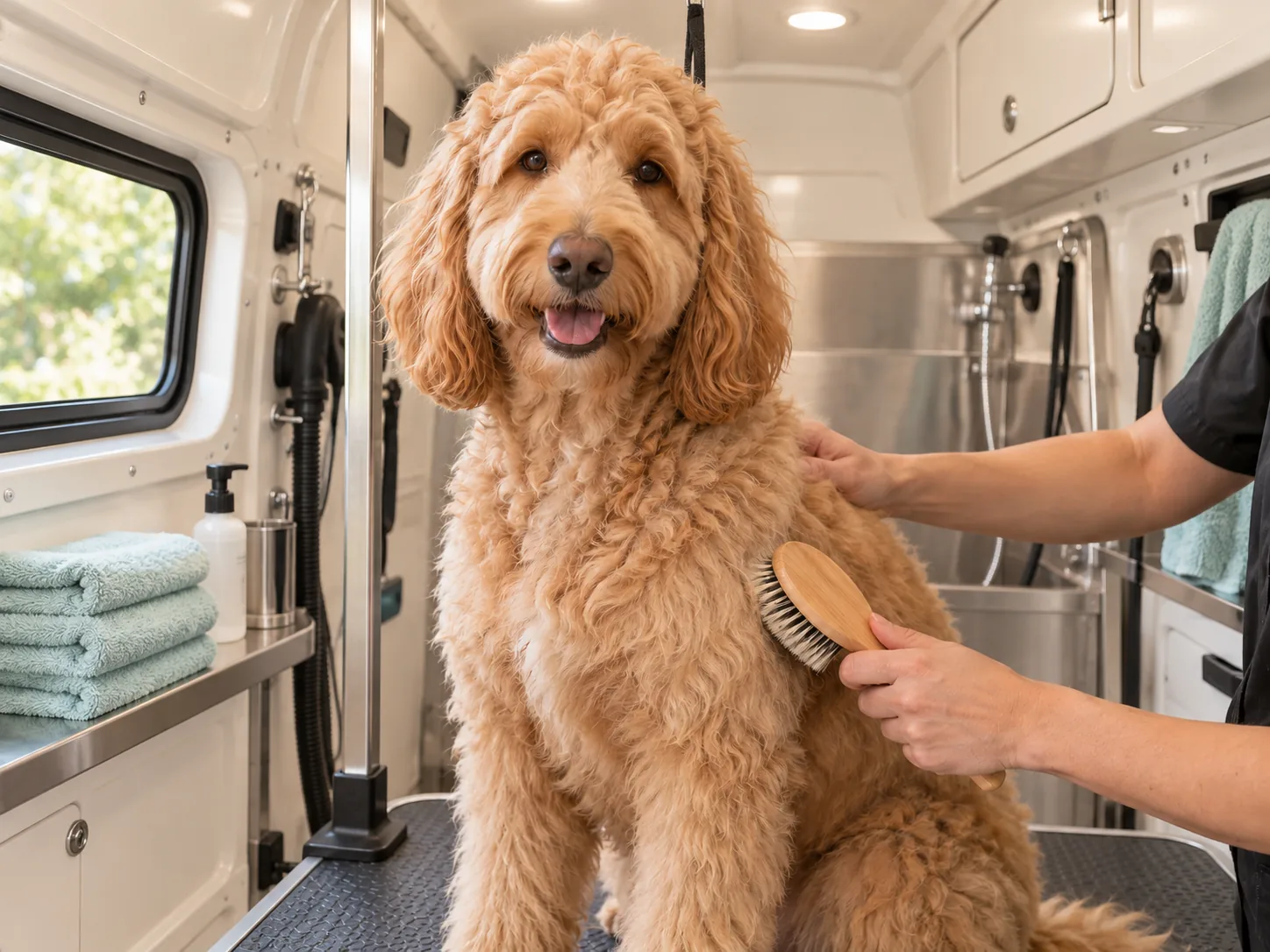 Illustrative Goldendoodle receiving gentle coat brushing inside a mobile grooming van