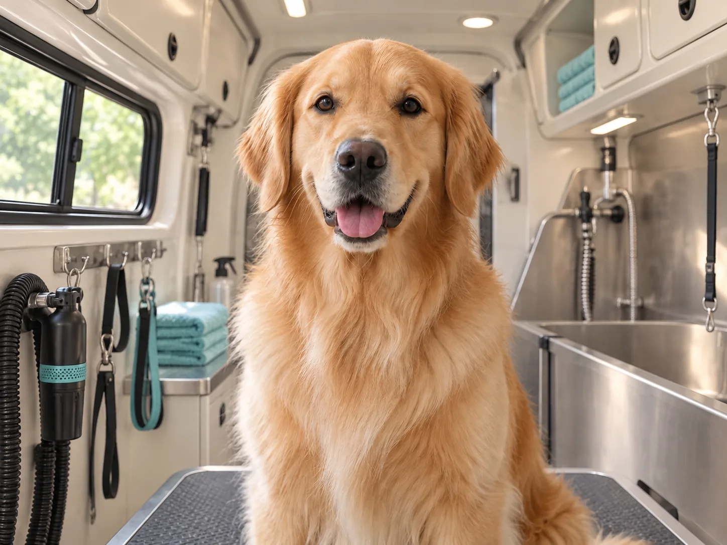 Illustrative Golden Retriever inside a mobile grooming van
