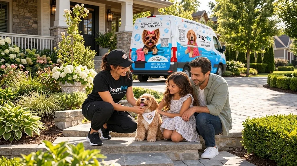 Doggyfide groomer petting a happy goldendoodle with a smiling father and daughter on their front porch steps, the Doggyfide mobile grooming van parked in the driveway behind them