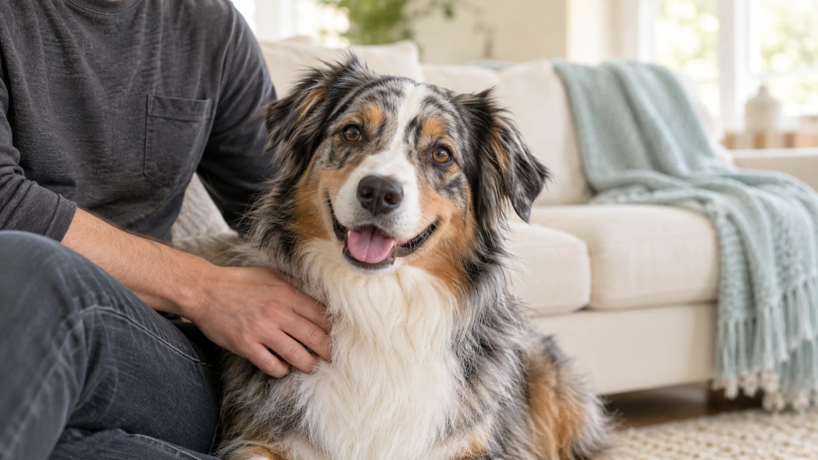Australian Shepherd relaxing beside their parent at home