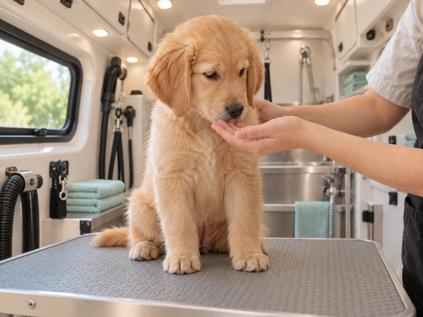 Illustrative Golden Retriever puppy meeting a groomer inside a mobile grooming van