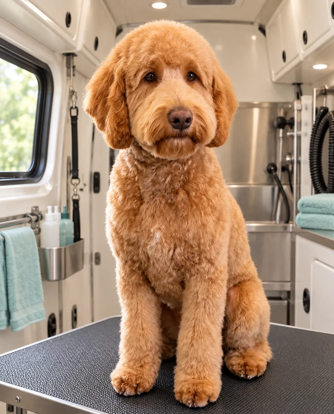 Illustrative apricot Goldendoodle groom-report photo inside a mobile grooming van