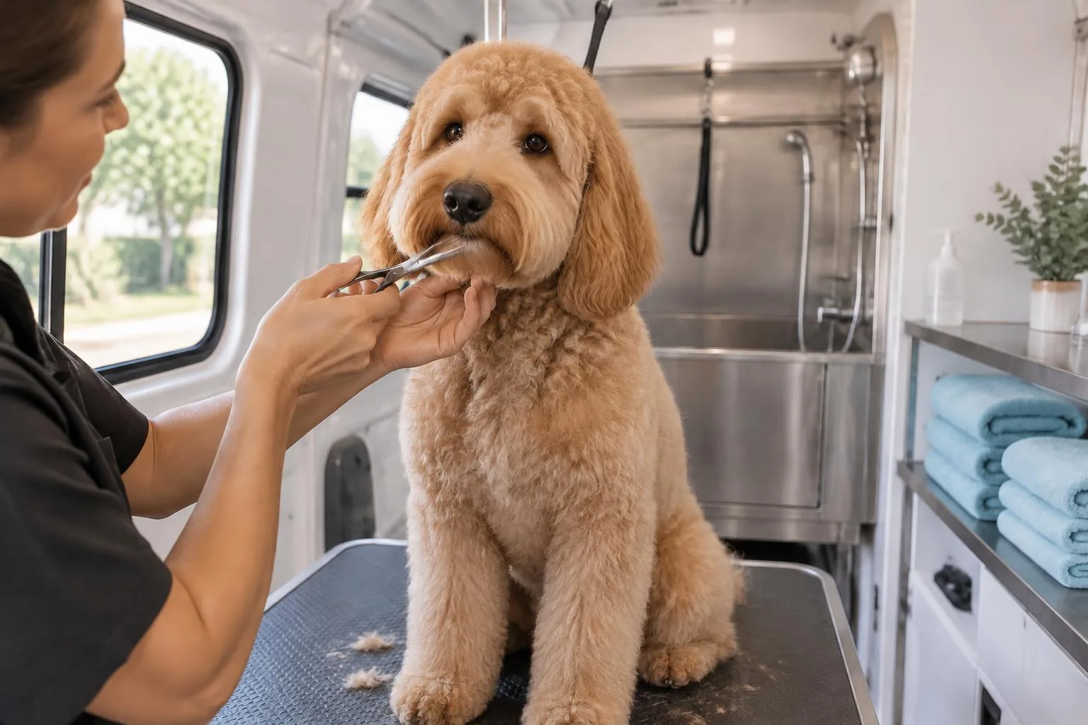 Illustrative goldendoodle getting a gentle face trim inside a mobile grooming van