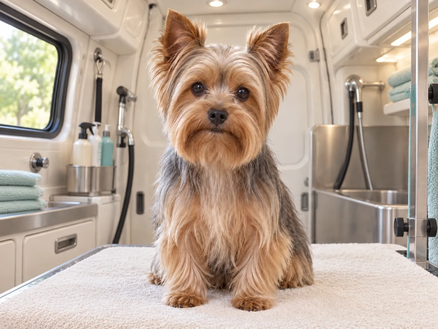 Illustrative freshly brushed Yorkshire terrier inside a mobile grooming van