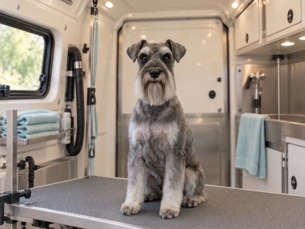 Freshly groomed miniature schnauzer sitting on the grooming table inside the Doggyfide mobile grooming van.