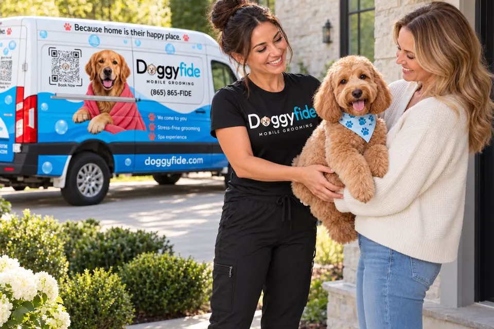Doggyfide groomer greeting a goldendoodle and its owner at their Knoxville front door, with the Doggyfide mobile grooming van in the driveway.