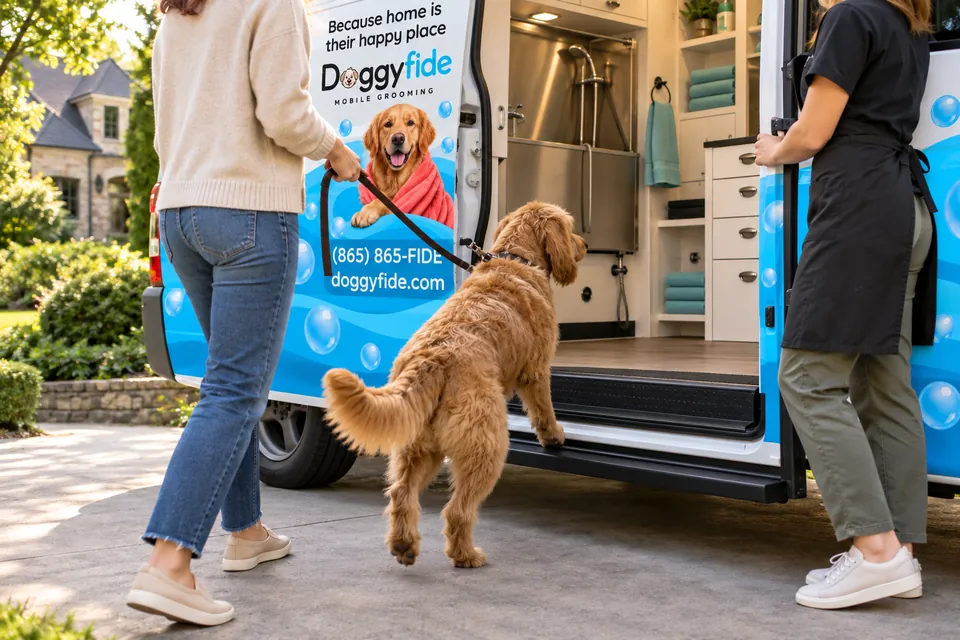 Illustrative dog and owner arriving at a mobile grooming van