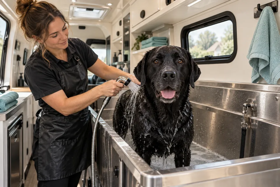 Illustrative black Labrador receiving a gentle bath inside a mobile grooming van