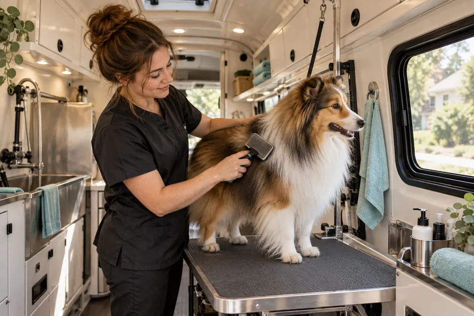Illustrative shetland sheepdog being brushed inside a mobile grooming van