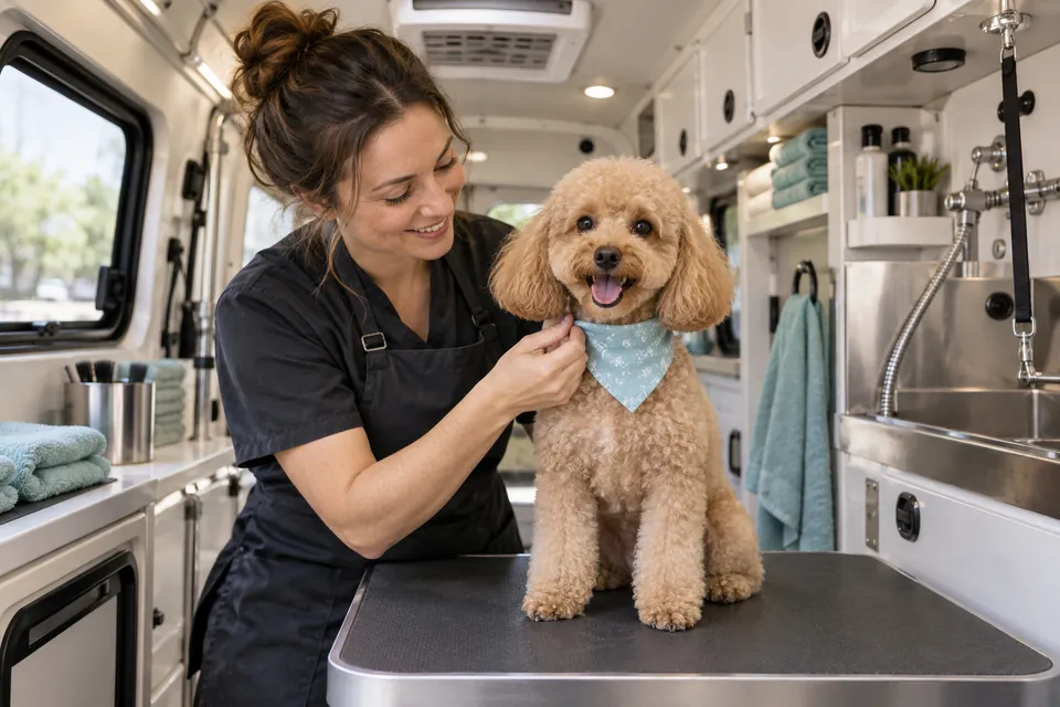 Illustrative freshly groomed apricot poodle inside a mobile grooming van