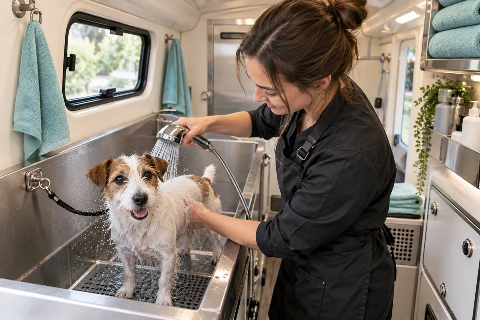 Illustrative jack Russell terrier receiving a bath inside a mobile grooming van