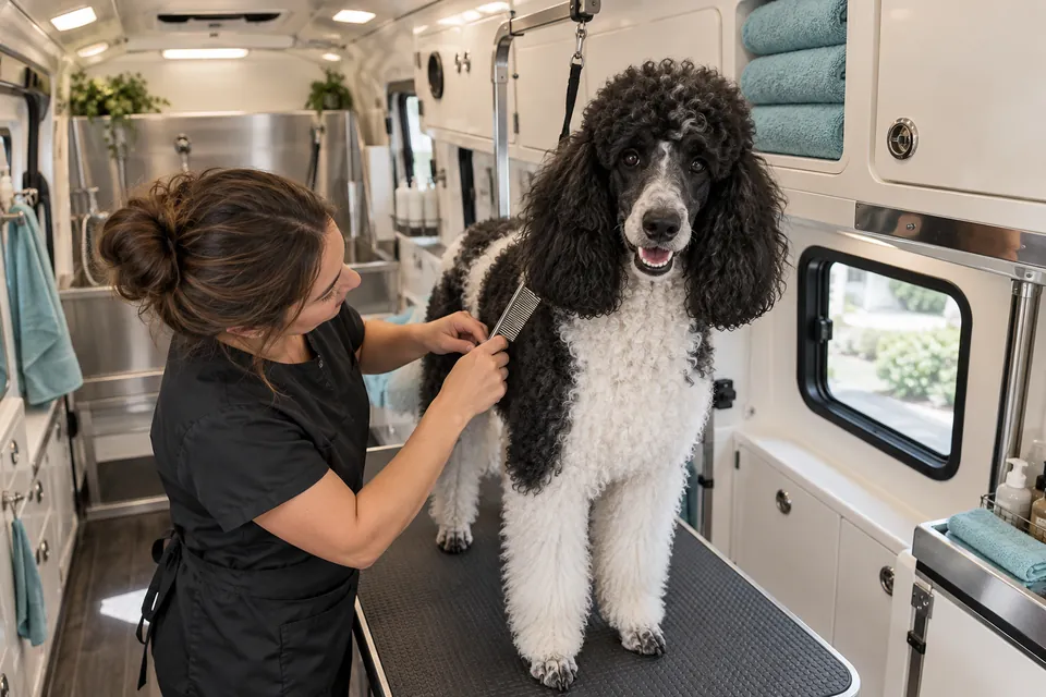 Illustrative parti poodle being combed inside a mobile grooming van