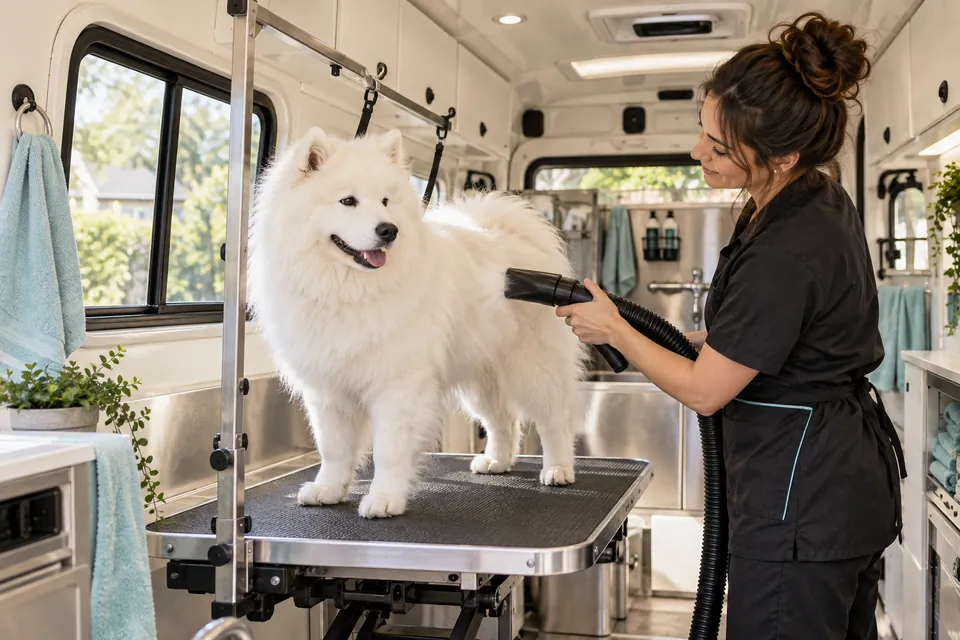 Illustrative samoyed being gently dried inside a mobile grooming van