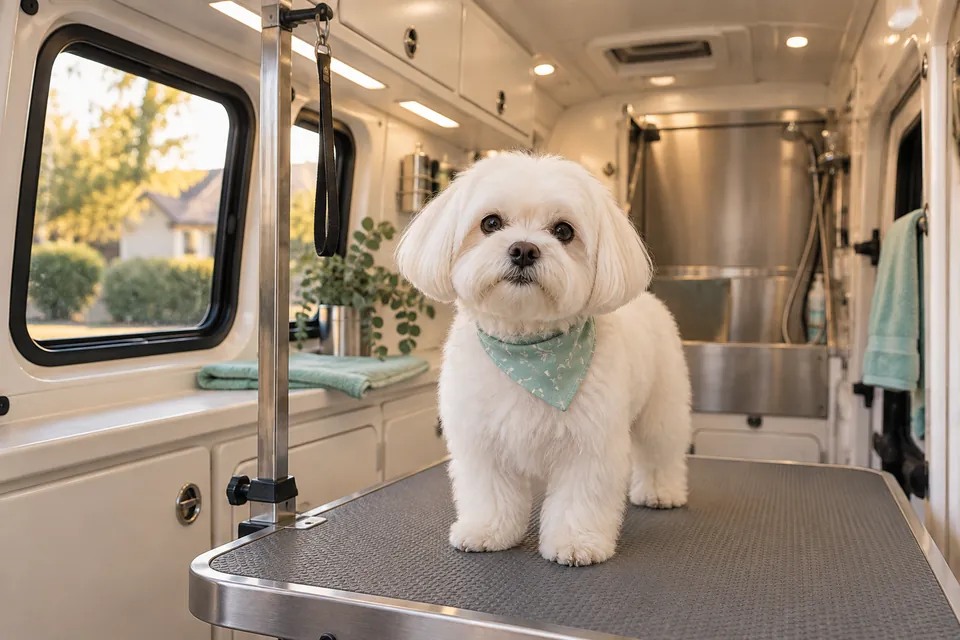 Illustrative freshly groomed Maltese inside a mobile grooming van