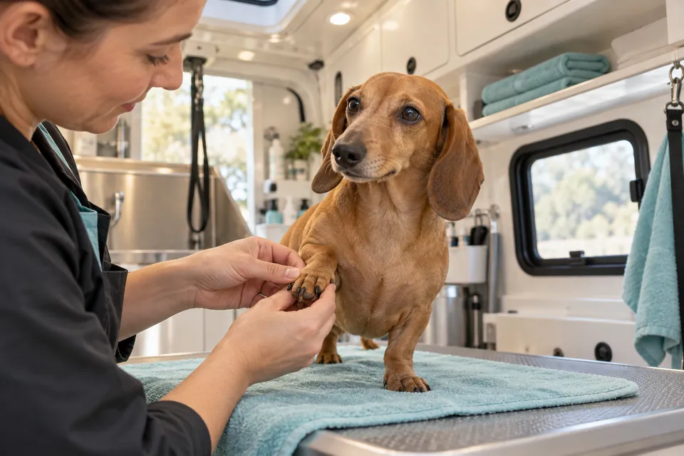 Illustrative dachshund receiving a gentle paw check inside a mobile grooming van