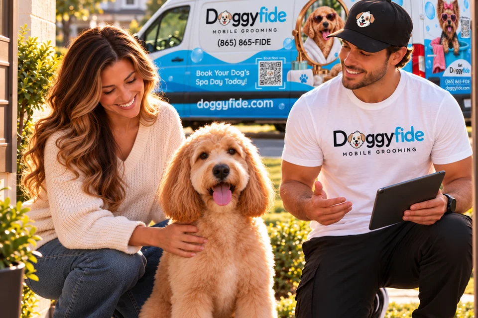 Doggyfide groomer greeting a dog owner and her goldendoodle in the driveway beside the Doggyfide mobile grooming van