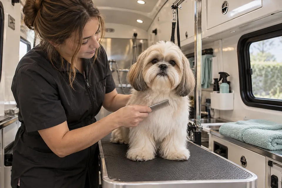 Illustrative shih tzu having its coat combed inside a mobile grooming van