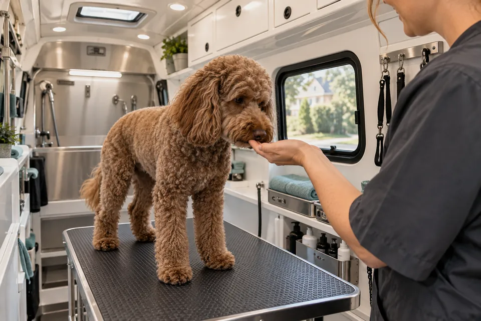 Illustrative brown poodle greeting a groomer inside a mobile grooming van
