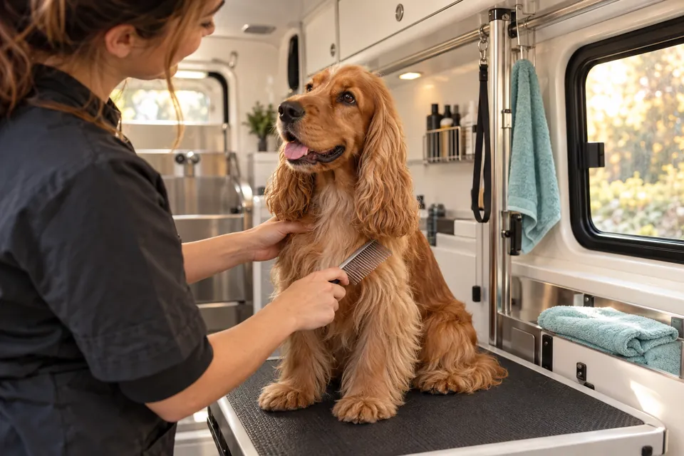 Illustrative cocker spaniel receiving a routine coat check inside a grooming van