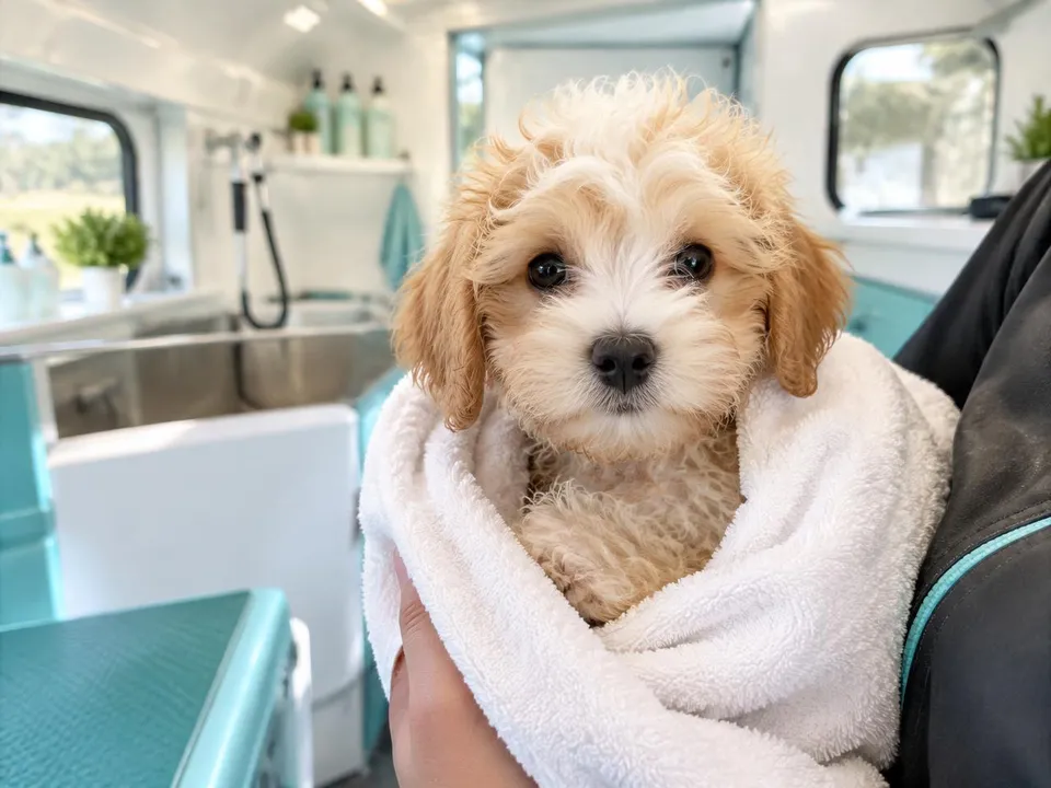 Illustrative fluffy puppy wrapped in a white towel after a bath in a mobile grooming van