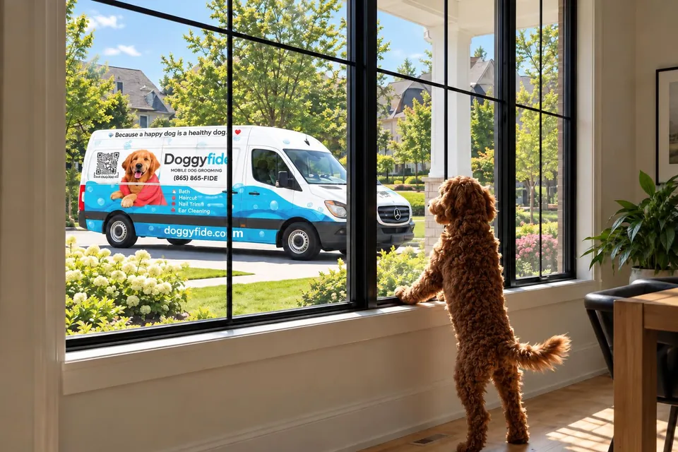Goldendoodle standing at the window watching the Doggyfide mobile grooming van arrive outside a Knoxville home