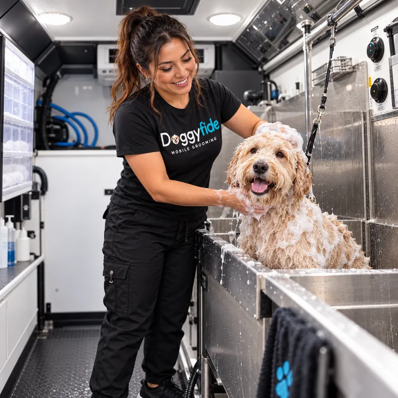 Doggyfide groomer bathing a happy goldendoodle in the tub inside the mobile grooming van