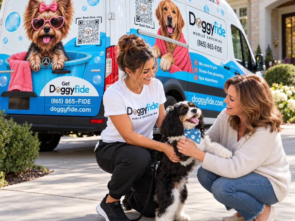 Doggyfide groomer and owner kneeling with a happy Bernedoodle in a Knoxville driveway in front of the Doggyfide mobile grooming van.