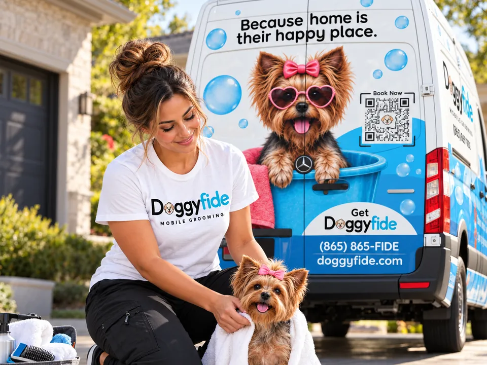 Doggyfide groomer kneeling with a freshly towel-dried Yorkshire Terrier in front of the Doggyfide mobile grooming van in a Knoxville driveway